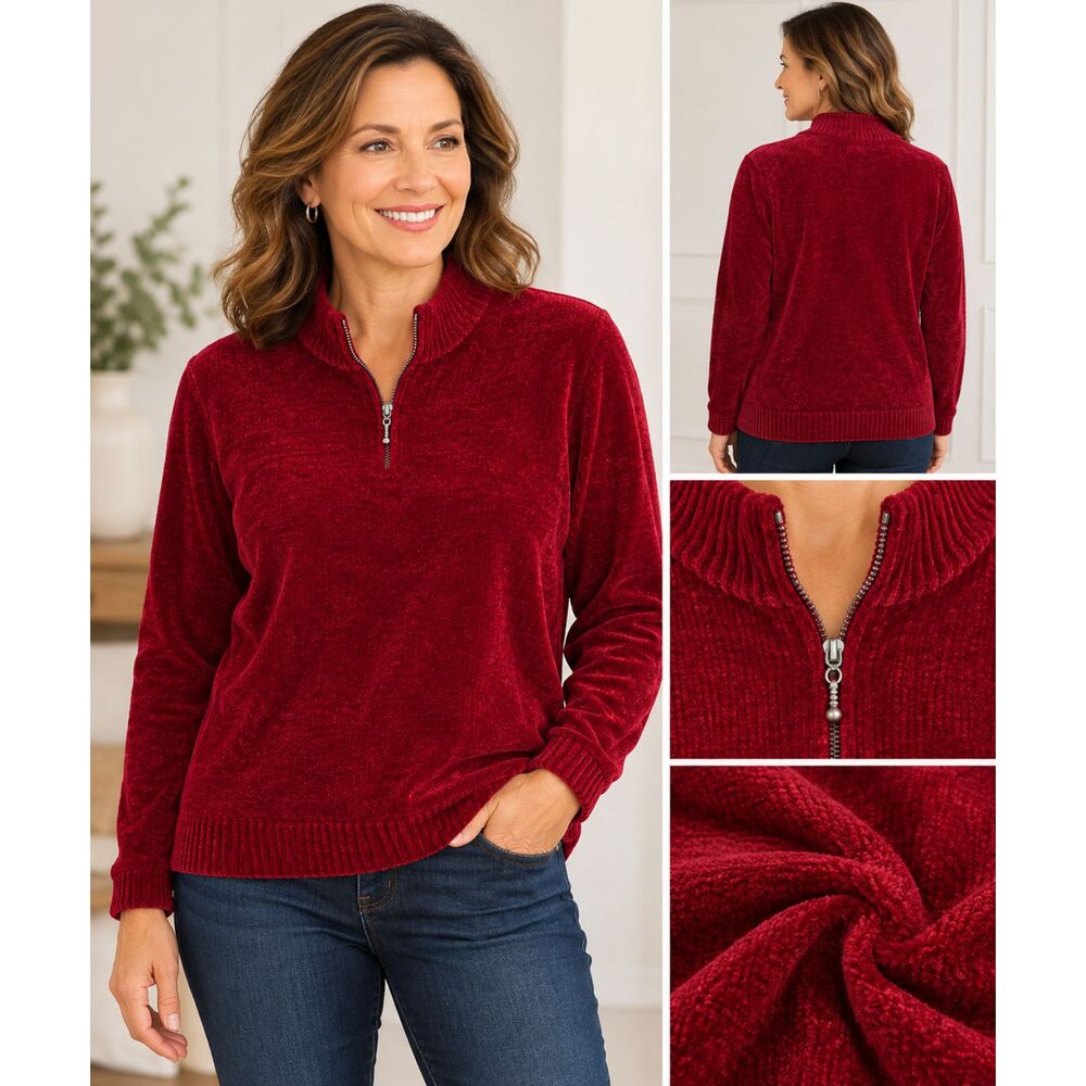 Alfred Dunner Women L Deep Red Velour Chenille Quarter Zip Pullover Sweater #23